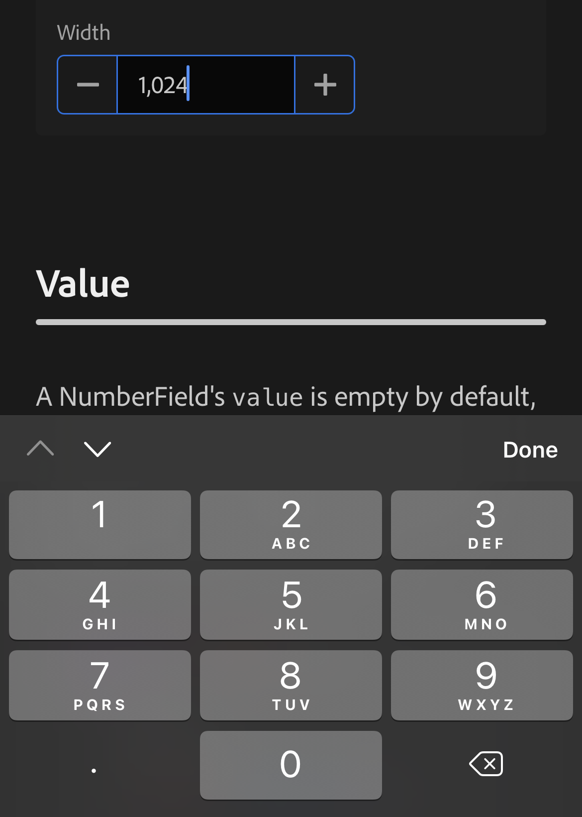 Iphone screenshot of example NumberField inputMode=decimal