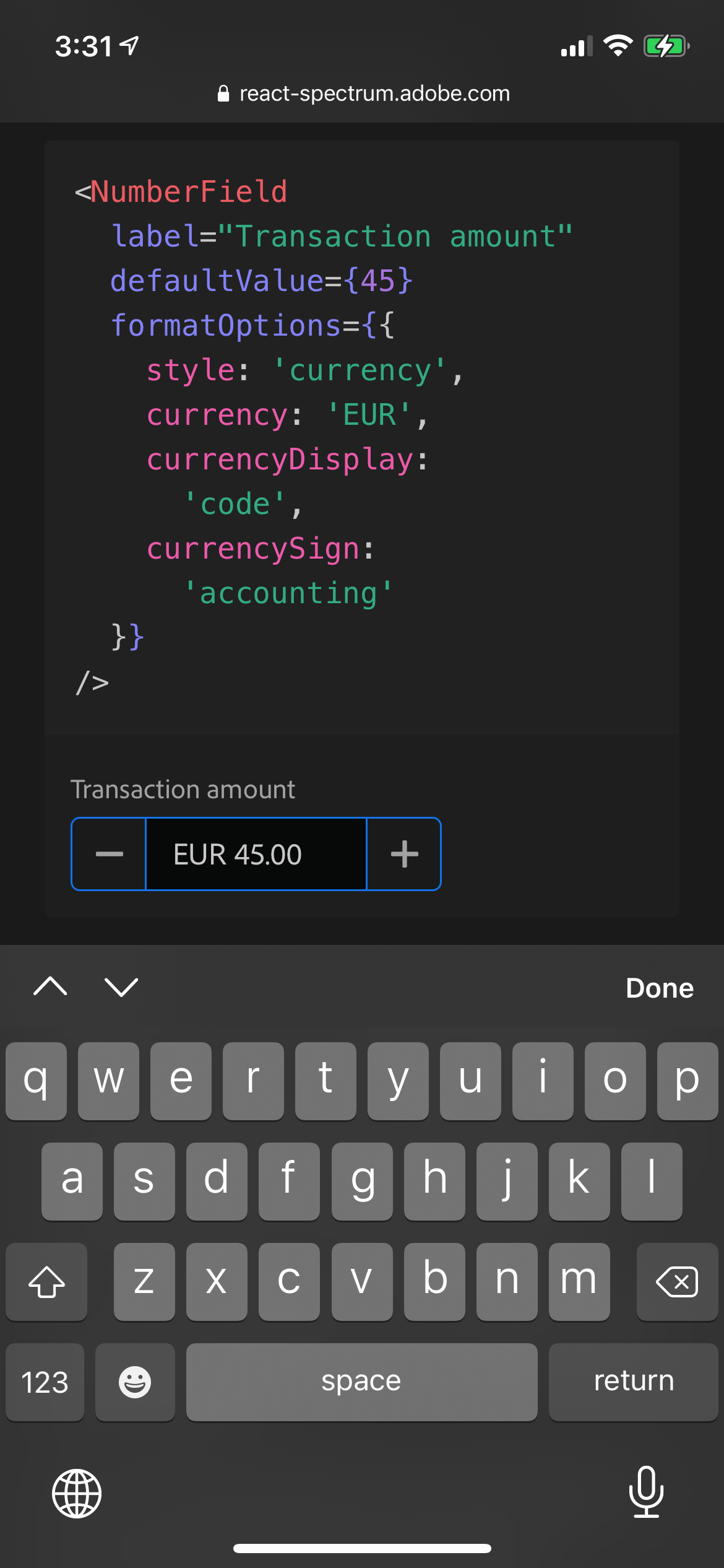 Iphone screenshot of example NumberField allowing negatives and decimals