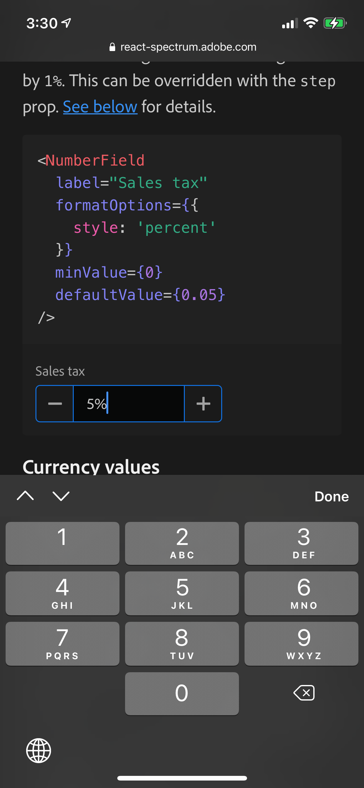 Iphone screenshot of example NumberField not allowing decimals