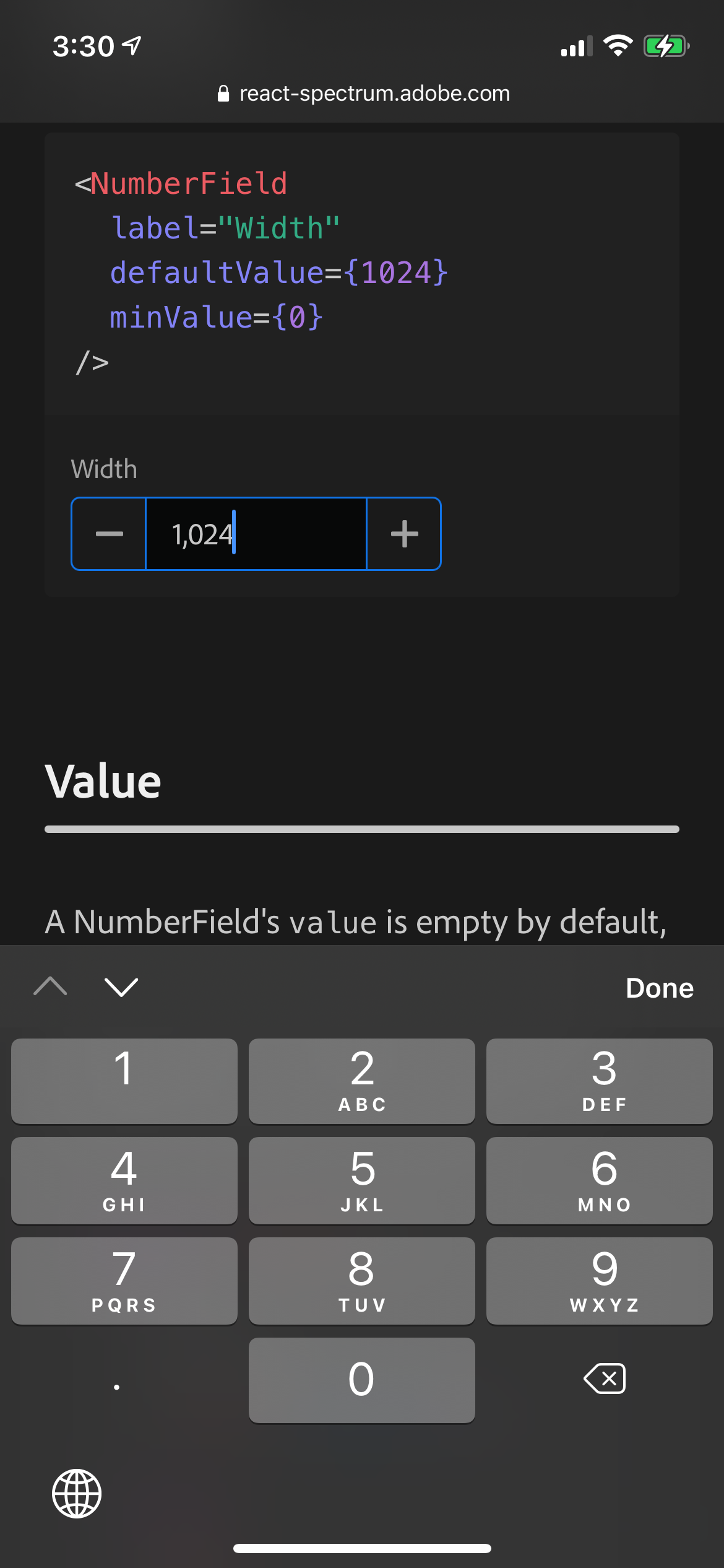 Iphone screenshot of example NumberField only allowing positive decimals