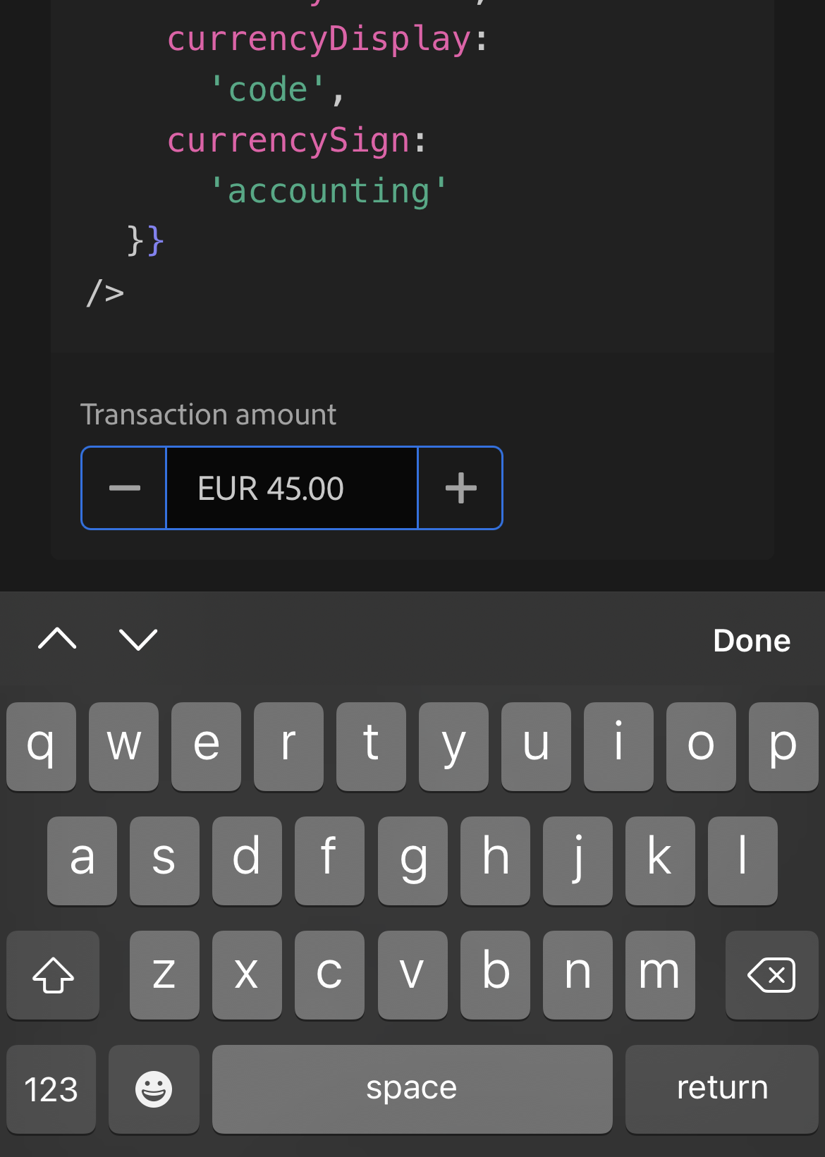 Iphone screenshot of example NumberField inputMode=text